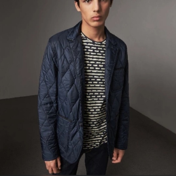 BURBERRY leather trim diamond Quilted Jacket coat navy blazer XL - Picture 2 of 10
